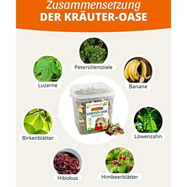 petifool Kräuter Oase 370g, Ergänzungsfutter für Nager, 100% natürlich, ohne künstliche Zusätze, getreidefrei, für Kaninchen, Meerschweinchen, Hamster, Chinchilla & mehr – Bild 4