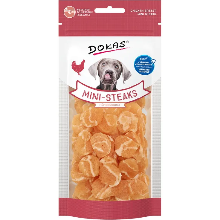 Dokas Mini-Steaks Hühnerbrust 50g, Hundesnacks aus Hühnerbrustfilet und Kabeljau für Training und Motivationsübungen