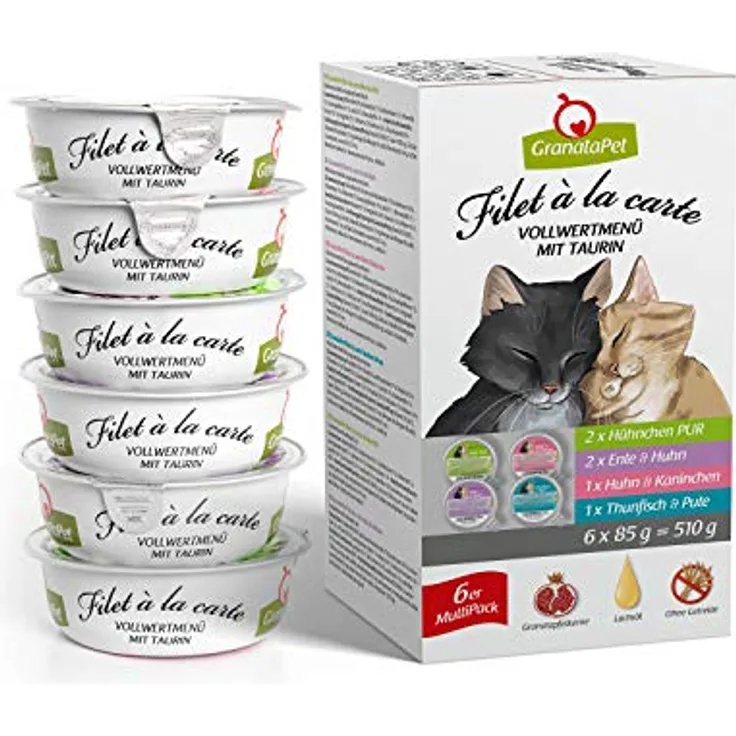GranataPet Filet à la carte Multipack, Nassfutter für Katzen, 6 x 85 g, hoher Fleischanteil, ohne Getreide und Zuckerzusatz