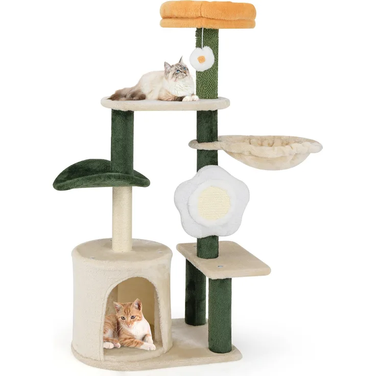 GOPLUS Kratzbaum, 114 cm Katzenbaum mit mehrstöckiger Plattform, Blumendesign, Katzenbett, Grün + Beige