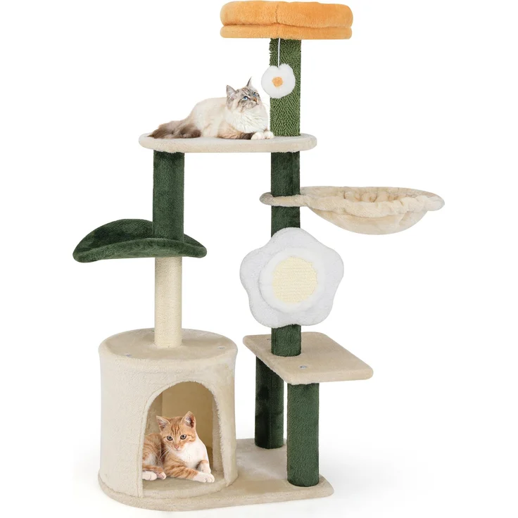 GOPLUS Kratzbaum, 114 cm Katzenbaum mit mehrstöckiger Plattform, Blumendesign, Katzenbett, Grün + Beige