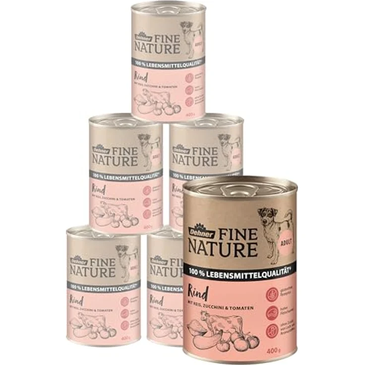 Dehner Fine Nature Hundefutter, Nassfutter in Lebensmittelqualität, Rind mit Reis, Zucchini und Tomaten, 6 x 400 g Dose (2.4 kg) – Bild 1