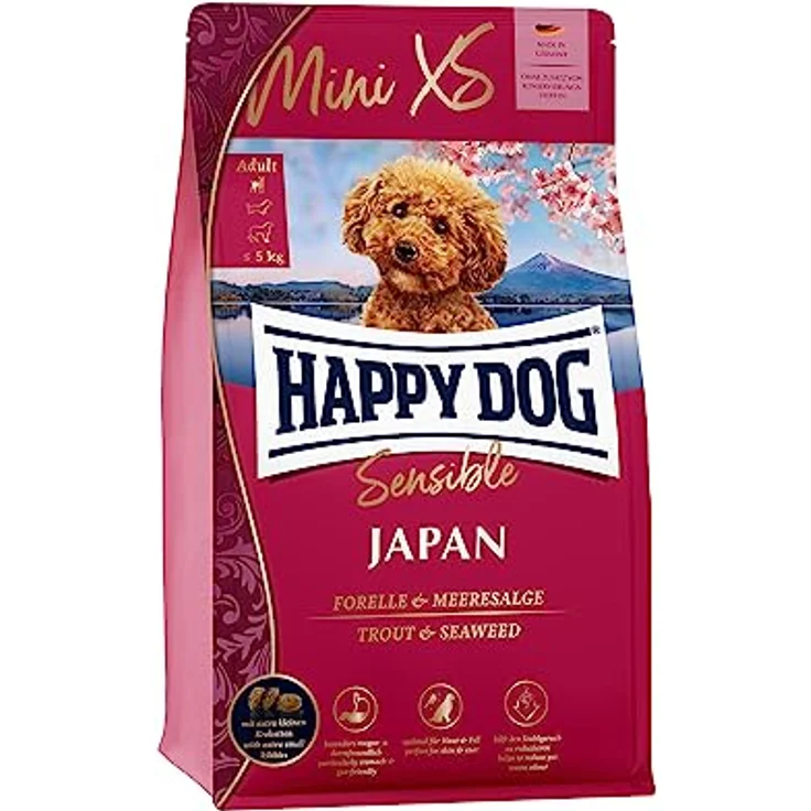 Happy Dog Supreme Mini XS Japan, Trockenfutter für sehr kleine Rassen mit Hähnchen und Forelle, 1,3 kg, glutenfrei – Bild 1