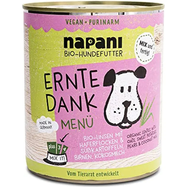 napani Ernte Dank Veganes Hundefutter nass, Bio mit Linsen & Haferflocken, purinarm & schonend gegart, 12 x 400g