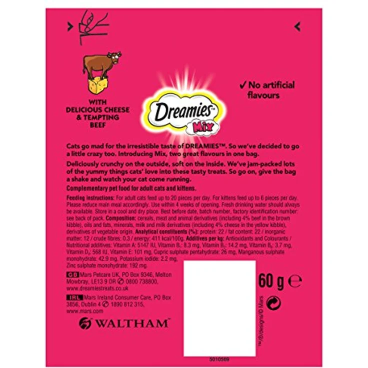 Dreamies Katzensnacks Mix Pack - Sparpaket Käse und Rind, 6 x 60 g, kalorienarm mit Vitaminen und Mineralstoffen – Bild 3