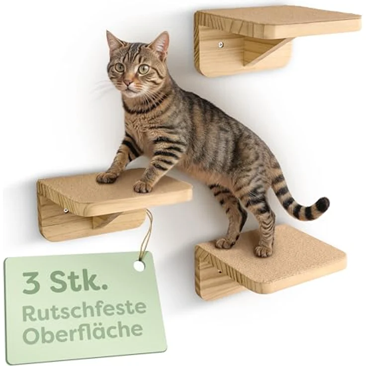 Niboline Knupis Kletterwand Katzen Set, 3er Katzentreppe aus FSC® Kiefernholz, stabil bis 30 kg, beige – Bild 2