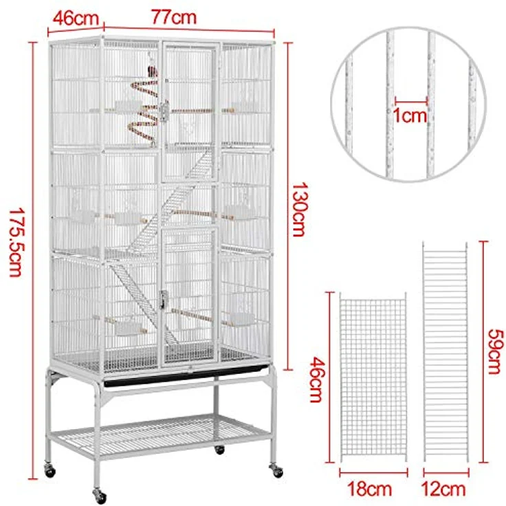 Yaheetech Deluxe Vogelkäfig für Papageien und Wellensittiche, stabile Metallkonstruktion, 77 x 46 x 175,5 cm, abnehmbarer Unterbau mit 360° Schwenkrädern – Bild 2