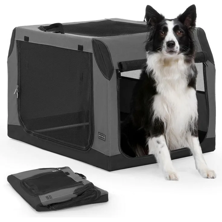LuxusKollektion Hunde-Transportbox faltbar, Kofferraum & Rückbank kompatibel, optimales Belüftungssystem, Größe L, grau
