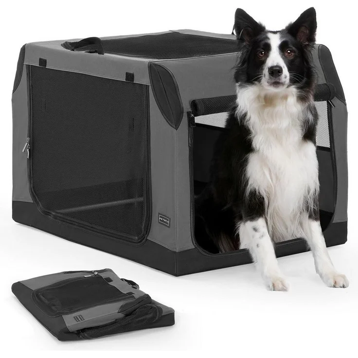 LuxusKollektion Hunde-Transportbox faltbar, Kofferraum & Rückbank kompatibel, optimales Belüftungssystem, Größe L, grau