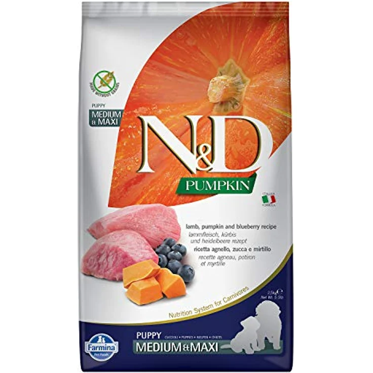 Farmina N&D Pumpkin Puppy Medium Pellets Hundefutter, Trockenfutter mit Lamm und Heidelbeere, 2,5 kg, ohne Mais, mit hochwertigen Vitaminen und natürlichen Antioxidantien – Bild 1
