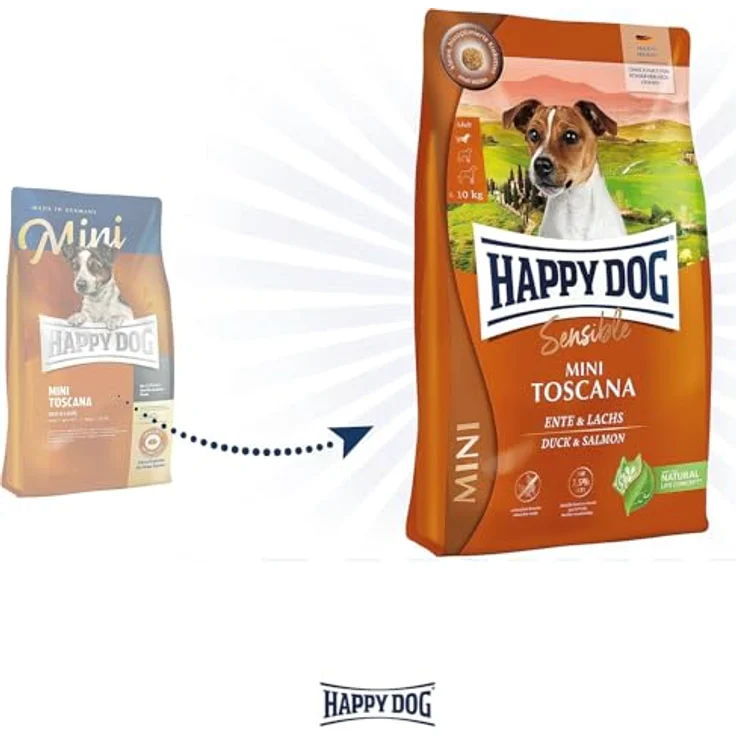 Happy Dog Sensible Mini Toscana, Trockenfutter für kleine Hunde bis 10 kg, mit Ente und Lachs, 800g – Bild 3