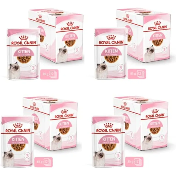 ROYAL CANIN Kitten Nassfutter, feine Stückchen in Soße, 4er Pack (4 x 12 x 85 g), Alleinfuttermittel für Katzenwelpen bis 12 Monate, unterstützt Gehirnentwicklung und Abwehrkräfte