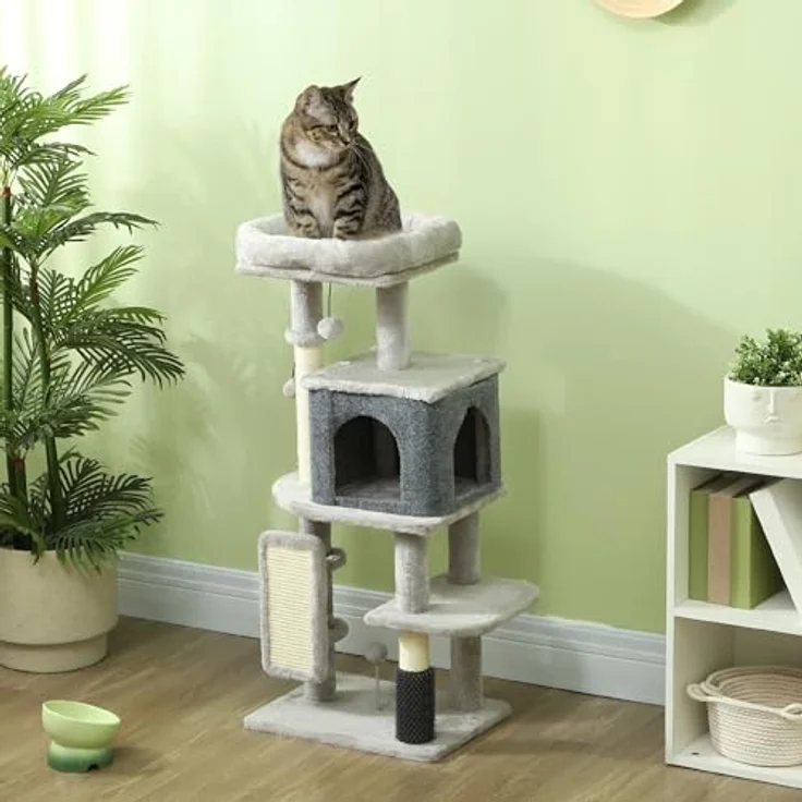 PawHut Kratzbaum 104 cm, mehrstöckiger Katzenbaum mit Katzenhöhle und Kratzbrett, hellgrau-cremeweiß – Bild 2