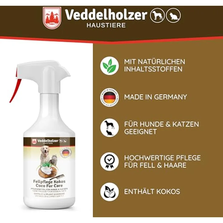 Veddelholzer Kokos Fellpflege Spray, 250 ml, Entfilzungsspray für Hunde & Katzen, leicht kämmbares Fell, Made in Germany – Bild 2