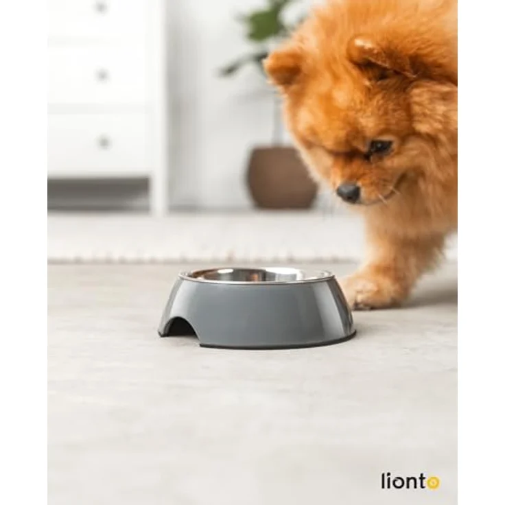 lionto Futternapf aus Melamin, 210 ml Edelstahl-Einsatz, Anti-Rutsch Boden, ergonomisches Design für Hunde & Katzen, grau – Bild 2