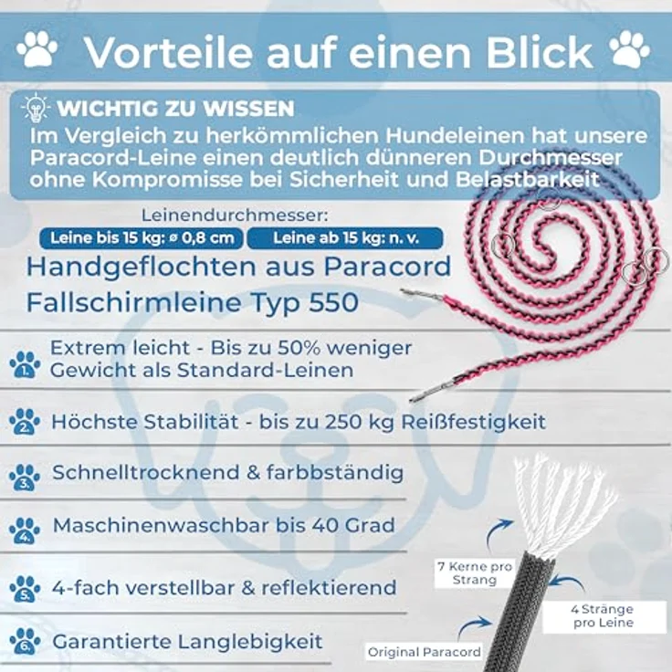 Golden Pets Hundeleine, reflektierend, 2m verstellbar, wetterfest & reißfest bis 250 kg, Paracord Führleine für kleine - große Hunde – Bild 2