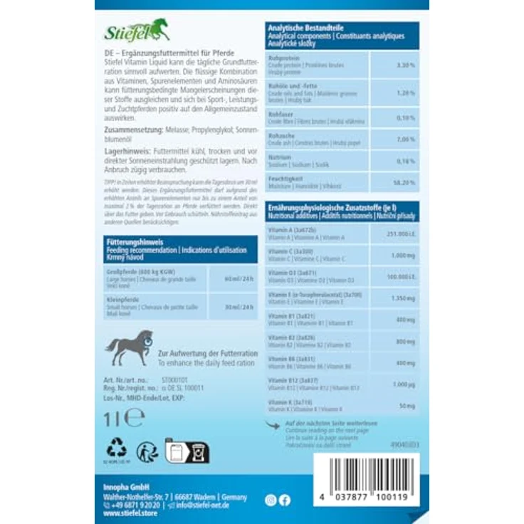 Stiefel Vitamin Liquid für Pferde, hochwertiger Futterzusatz mit Vitaminen, Spurenelementen & Aminosäuren, 1l Dosierflasche – Bild 3