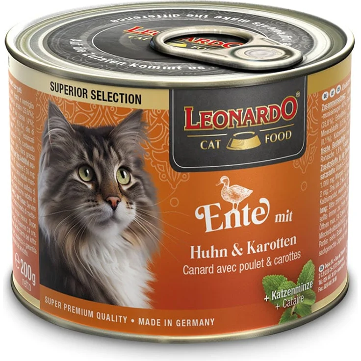 Leonardo Ente mit Huhn und Karotten, Katzen-Nassfutter, 24x200g, ohne Getreide und Zucker, mit Lachsöl und Katzenminze