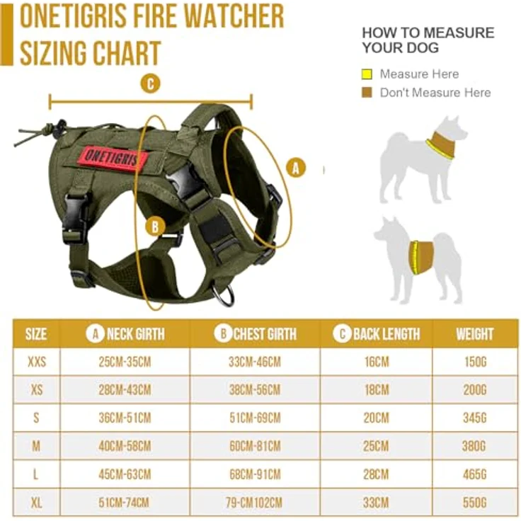 OneTigris FIRE WATCHER Hundegeschirr, Taktisches Sicherheitsgeschirr aus 1000D Nylon mit 1 Griff und 2 D-Ringen, Größe M, Grün – Bild 2