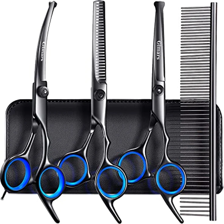 Gimars 5-in-1 Hundepflege-Scheren-Set, professionell mit runder Sicherheitsspitze, titanbeschichtet, gerade und gebogene Schere, schwarz – Bild 1