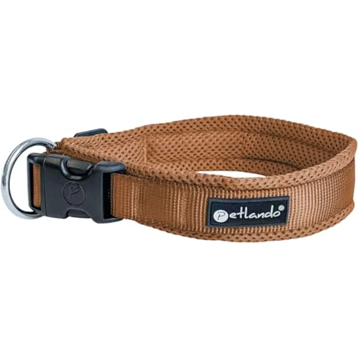 Petlando Mesh Hundehalsband XL 55-60cm, leicht, atmungsaktiv und weich gepolstert in Cognac, stufenlos verstellbar, robust mit O-Ring – Bild 1