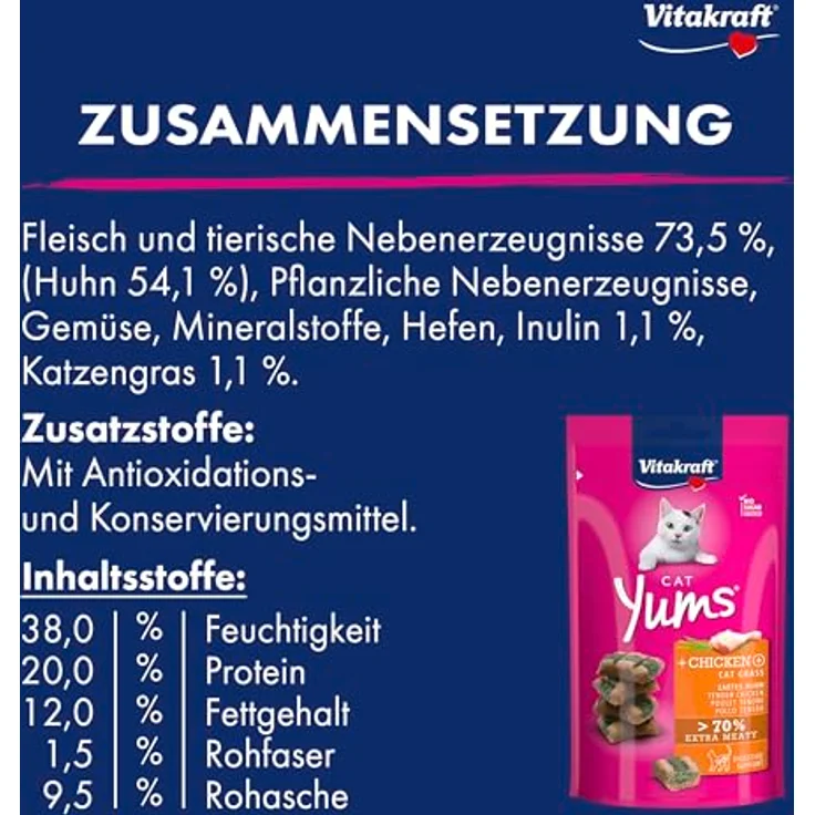 Vitakraft Cat Yums, weiche Katzenleckerlis mit Huhn und Katzengras, unterstützend für die Verdauung, ohne Zucker, 40g im wiederverschließbaren Beutel – Bild 4