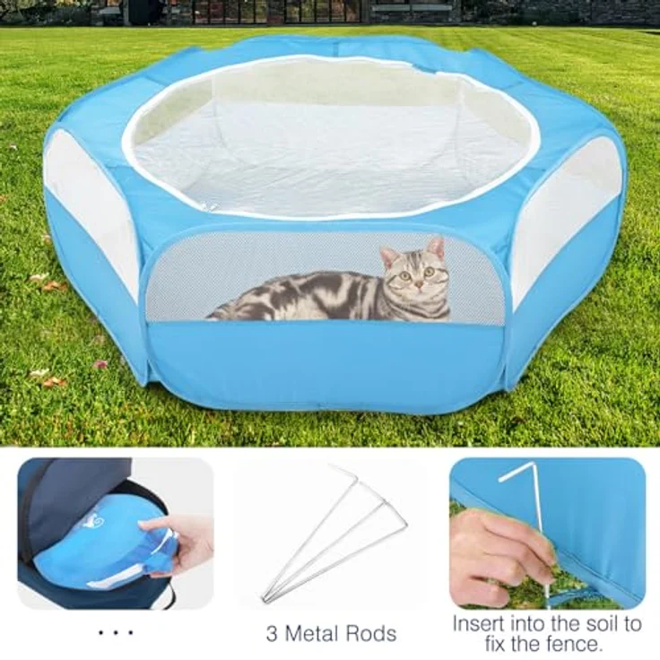 Pawaboo Kleintiere Freigehege, Wasserdicht Faltbar für Hasen, Hühner, Kätzchen und Welpen, Visuell Laufstall mit Netz und Nylonboden, 133 cm x 38 cm - Blau – Bild 5