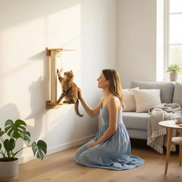 EYEPOWER 71 cm Wandkratzbaum Milo, Kletterbaum mit 2 Plateaus, Wandhalterung, Sisalstämme und massive Bambusplatte für Katzen – Bild 4