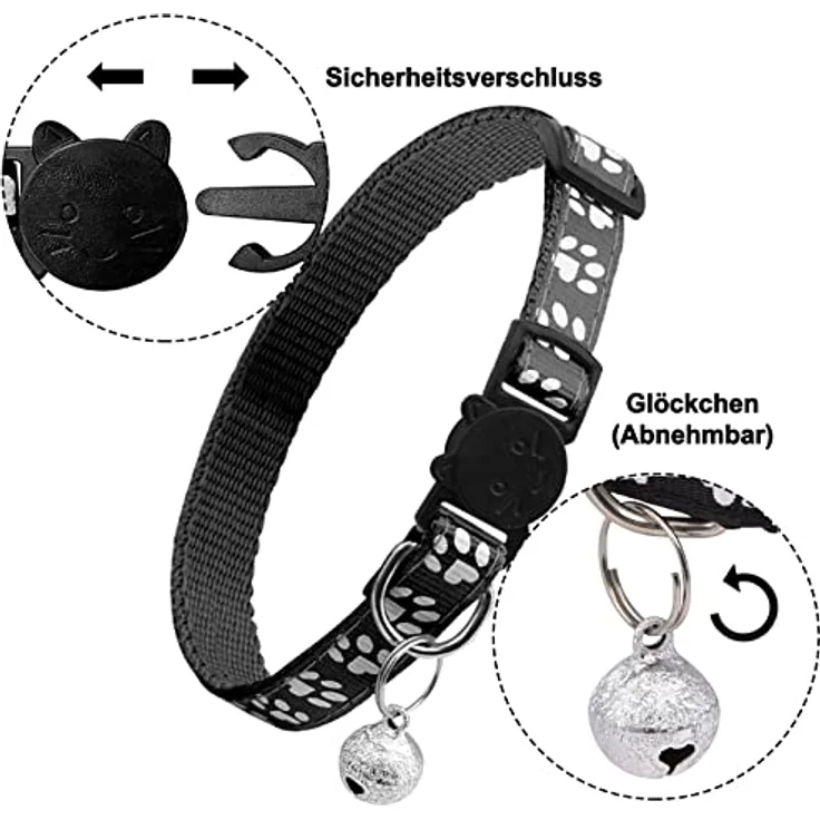 onebarleycorn Katzenhalsband, Sicherheitsverschluss mit Glöckchen, reflektierend und verstellbar, 12 Stück – Bild 3