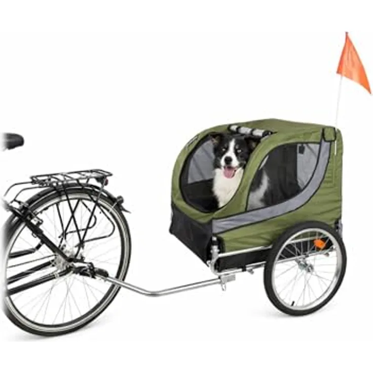 Flamingo Hundeanhänger für Fahrrad, faltbar mit Regenschutz, geeignet für E-Bikes, max. 30 kg, grün, A:76 cm B:57 cm C:65,5 cm D:130 cm
