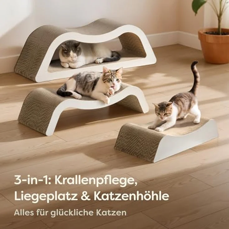 Knupis Kratzmöbel Kratzbrett 3-teilig XXL 75cm, besonders kratzfeste Kratzpappe für Katzen, bis zu 2 Jahre Kratzspaß, platzsparend, Farbe Cloud (Weiß) – Bild 2