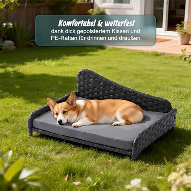 Relaxdays Hundebett Rattan L, erhöhtes Hundesofa mit abnehmbarem Kissen, wetterfest, grau, HBT: 25x63x46 cm – Bild 2