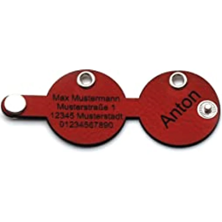 CopterFarm Hundemarkentasche für Hunde am Halsband, individuell beidseitig graviert, Kunstleder/Echtleder, Rot, Rund, mit Druckknopf – Bild 2