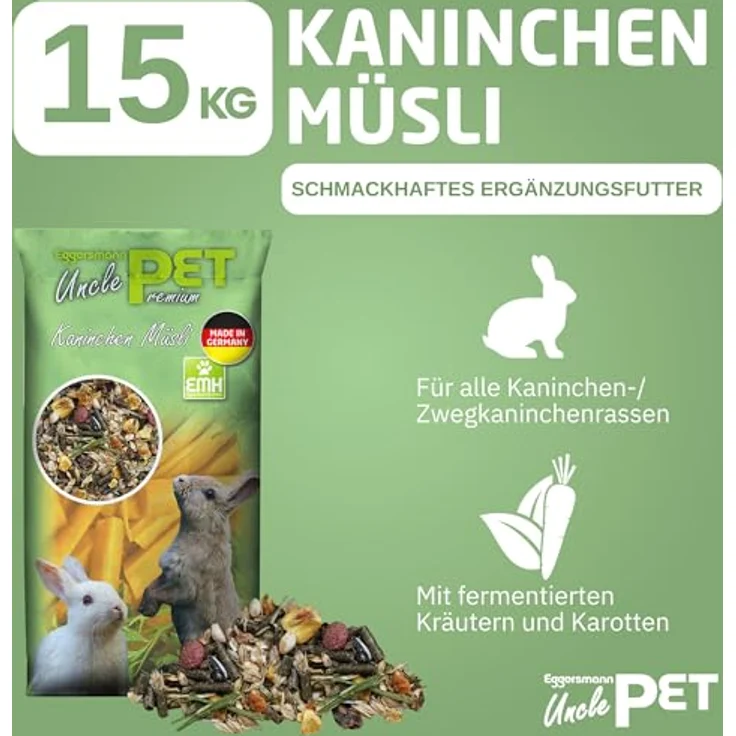 Eggersmann Uncle Pet 15 kg Kaninchenfutter - Premium Müsli mit Kräutern und Karotten, schmackhaft und gut verdaulich, für gesunde Energie, Made in Germany – Bild 2