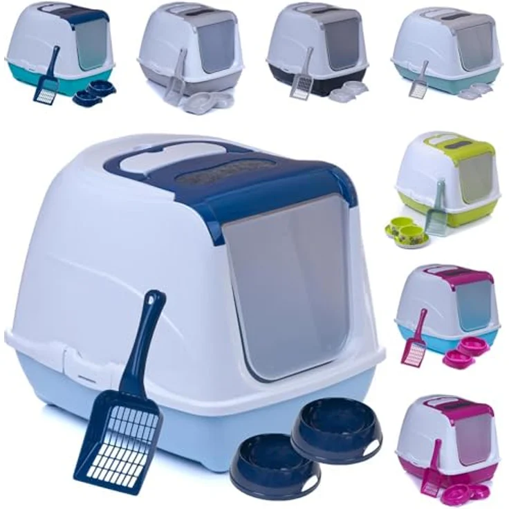 adena Katzentoilette Sondermodell 50, Katzenklo mit Schaufel, Aktivkohlefilter und Haube in Blau, für einfache Reinigung und Geruchskontrolle – Bild 1