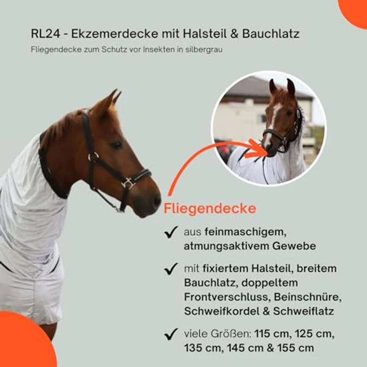 RL24 Ekzemerdecke mit Halsteil & Bauchlatz, feinmaschige Fliegendecke in Silbergrau, doppelter Frontverschluss & Beinschnüre, Größe 135 cm – Bild 4