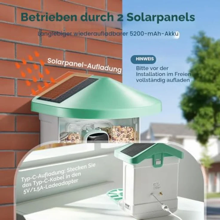 VEVOR Vogelfutterhaus mit Kamera 2K HD, KI Vogelerkennung für über 10.000 Vogelarten, solarbetrieben mit automatischer Aufnahme und Benachrichtigung, Grün – Bild 4