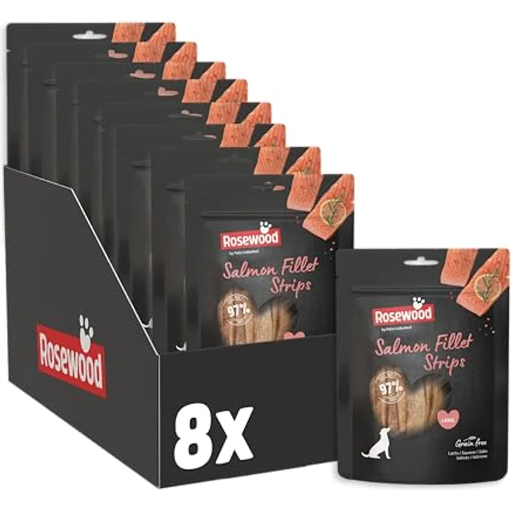 Rosewood Salmon Fillet Strips Large, Weicher Hundesnack mit 97% Lachs, proteinreich und fettarm, ohne Getreide und Gluten, 8er Pack (8x150 g) – Bild 1