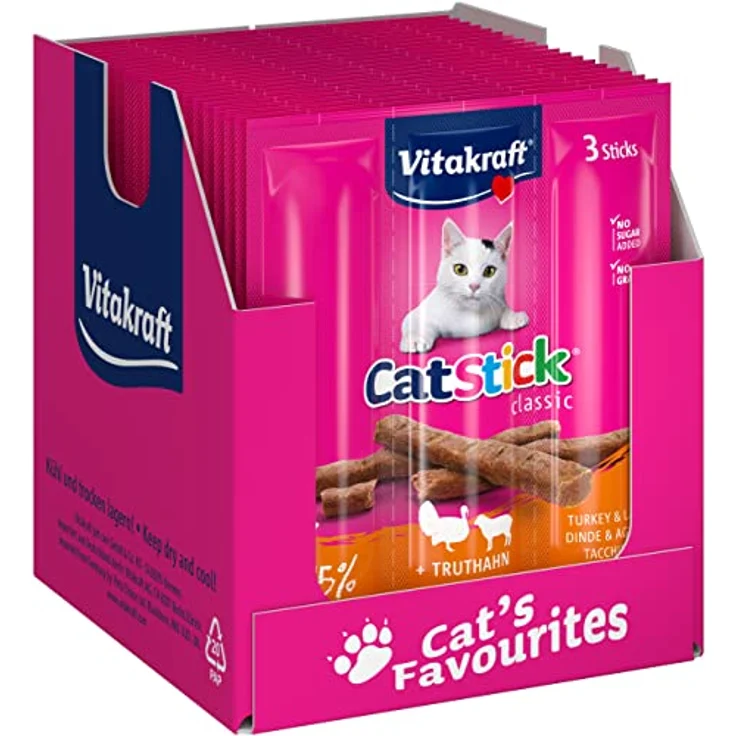 Vitakraft Cat Stick Classic, Katzensnack mit Truthahn und Lamm, 95% Fleisch, ohne Zucker und Getreide, Vorratsgröße (20x 3 Stück) – Bild 1