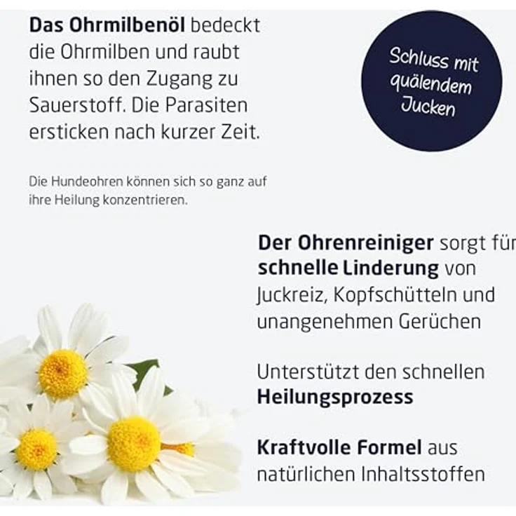 Hundepflege24 Ohrenpflege Set, Ohrenreiniger Akut 250ml + Ohrmilbenöl 50ml, Sofortwirkung gegen Ohrmilben, made in Germany – Bild 4
