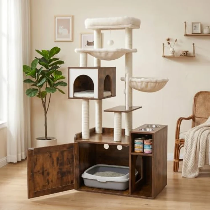 Relaxdays Kratzbaum Katzenkloschrank mit Schlafhöhle, 2 Futternäpfen, Sisal, magnetischer Tür, Faserplatte, Industrial-Weiß – Bild 5