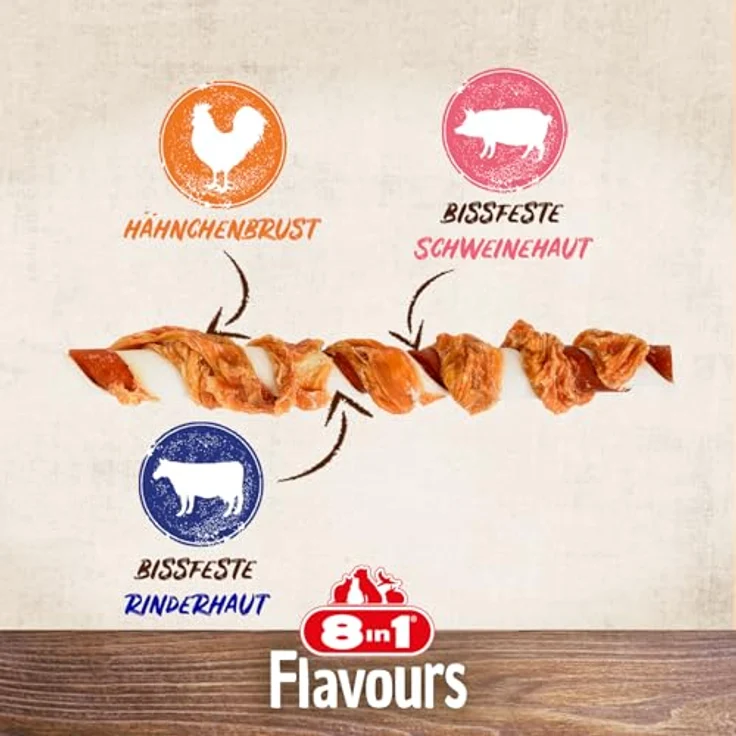 8in1 Triple Flavour Mega Twisted Sticks, große Kaustangen mit Hähnchenfilet, Schweine- und Rinderhaut, 140g Beutel (2 Stück) – Bild 3