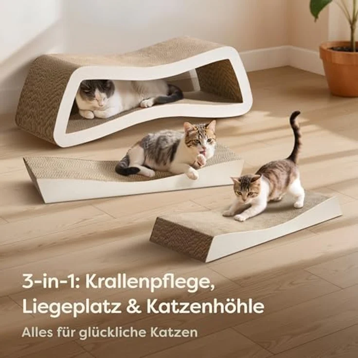 Knupis Kratzbrett Katze XXL Mountain Weiß 75 cm – 3-in-1 Kratzpappe für langanhaltenden Kratzspaß, platzsparend und pflegeleicht – Bild 2