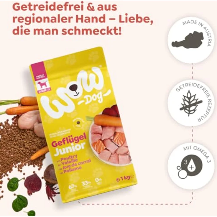 WOW Junior Geflügel, Hunde-Trockenfutter für Welpen und Junghunde, 2 x 6 kg, getreidefrei, mit Gemüse und präbiotischen Ballaststoffen – Bild 5