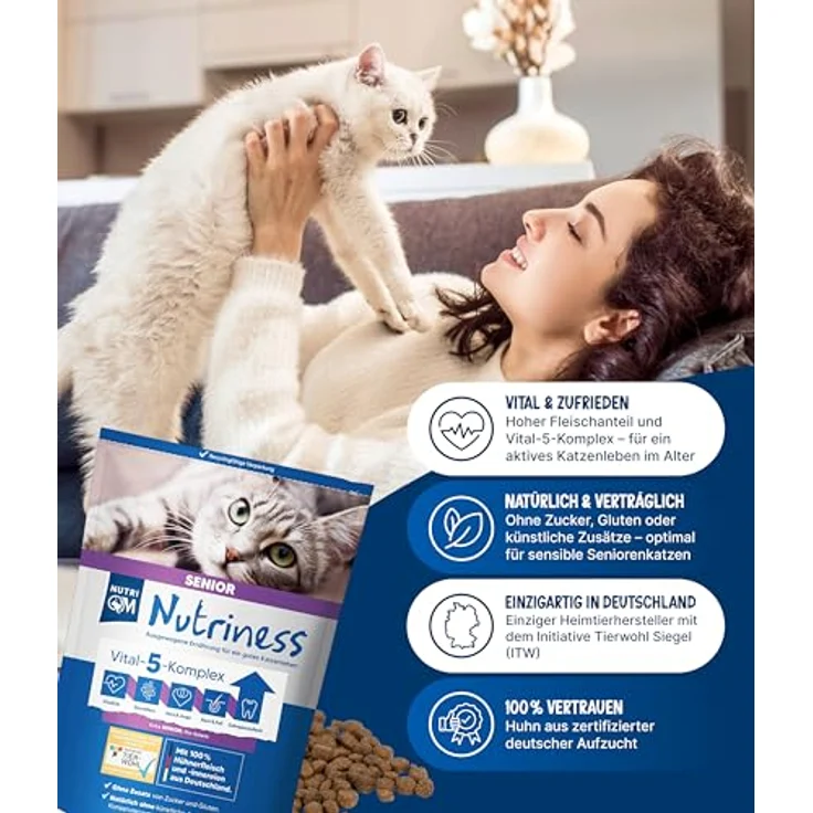 NutriQM® Nutriness Katzenfutter trocken Senior Huhn 800 g – Für Katzen ab 8 Jahren – Glutenfrei, Zuckerfrei, mit Leinsamen & Chicorée – Tierwohl-zertifiziert – Made in Germany – Bild 2