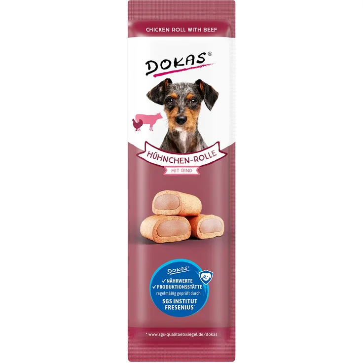 Dokas Hühnchen-Rolle mit Rind, Hundesnack, 8 Stück à 10g