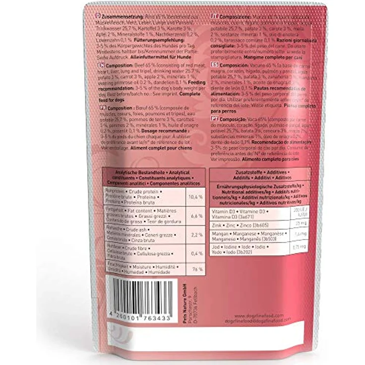 Dogz finefood Hundefutter nass N° 2 Rind, getreidefrei & zuckerfrei, hoher Fleischanteil (65%), 12 x 100 g Beutel – Bild 3