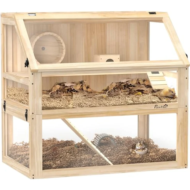 PawHut Hamsterkäfig aus Holz 3 Etagen, 80 x 50 x 76 cm, mit Wippe, Laufrad und tiefem Untergeschoss für Zwerghamster, Naturholz – Bild 1