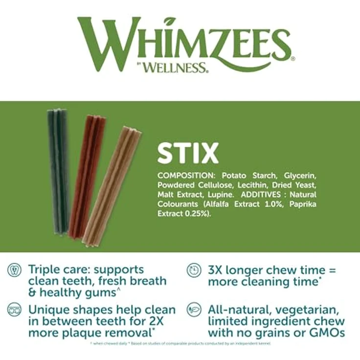 WHIMZEES Stix Größe M, glutenfreie vegetarische Hundesnacks zur Plaque- und Zahnsteinbeseitigung, 100 Stück im Display (1 x 3 kg) – Bild 4