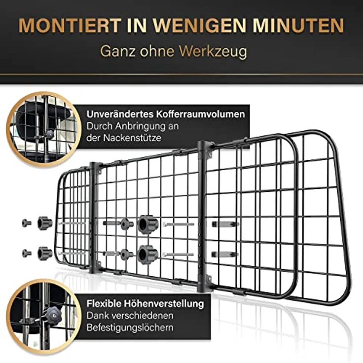HELDENWERK Universal Kofferraum Trenngitter für Hunde, stufenlos verstellbares Schutzgitter mit Kopfstützen-Befestigung, platzsparendes Design für Kombis, SUVs und Vans – Bild 4